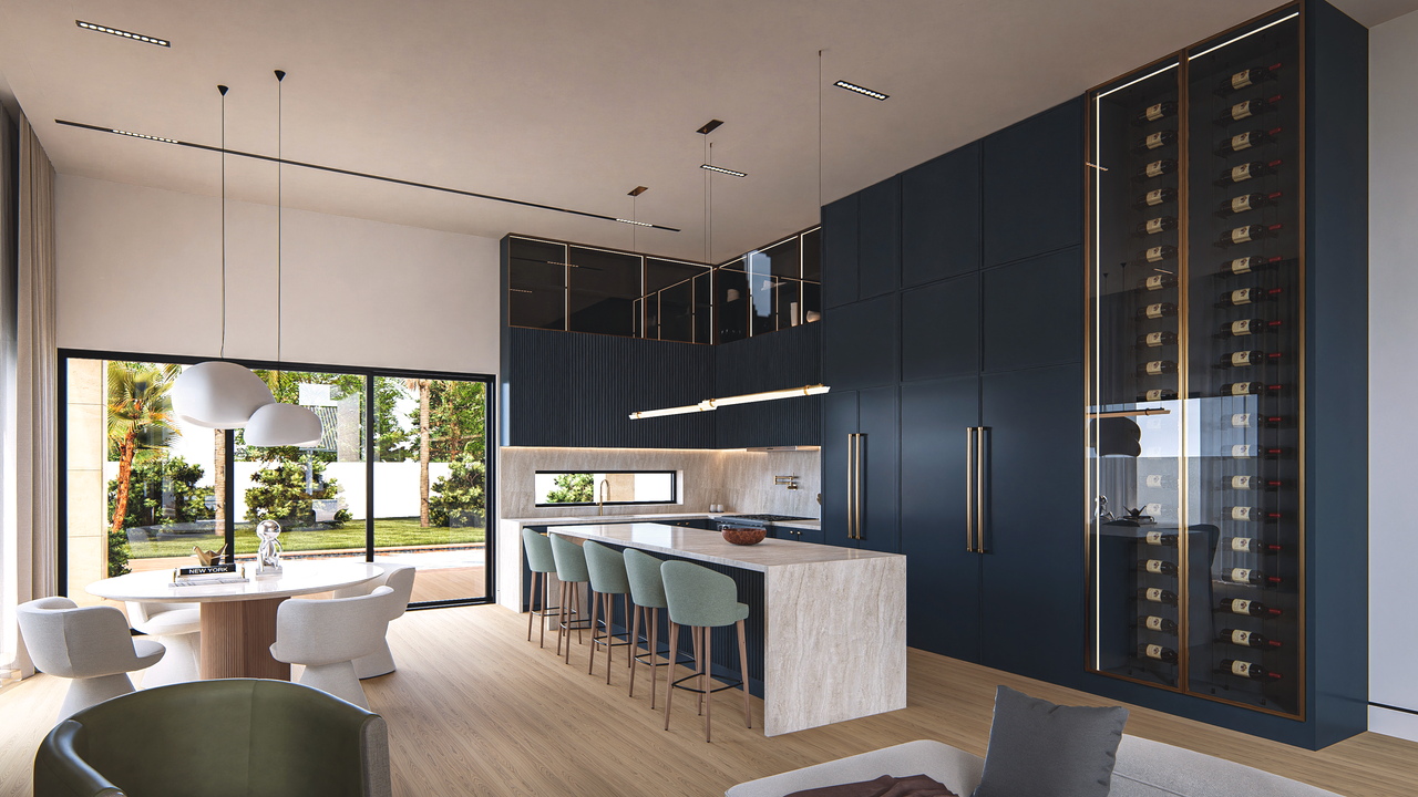 Sleek modern kitchen with elegant design and ample natural light.