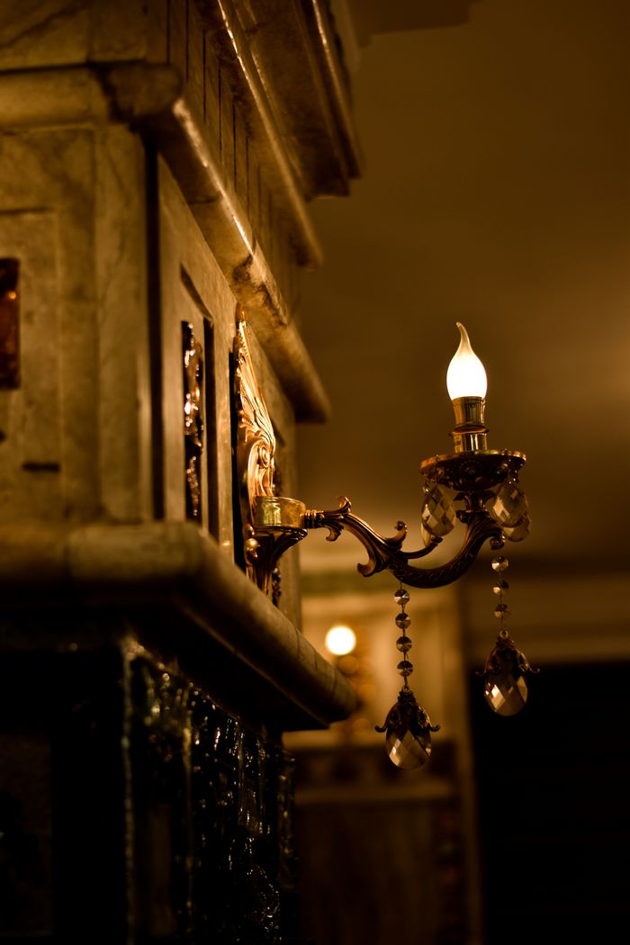 Services Ornate antique sconce with glowing bulb casts warm light in a classic interior scene.