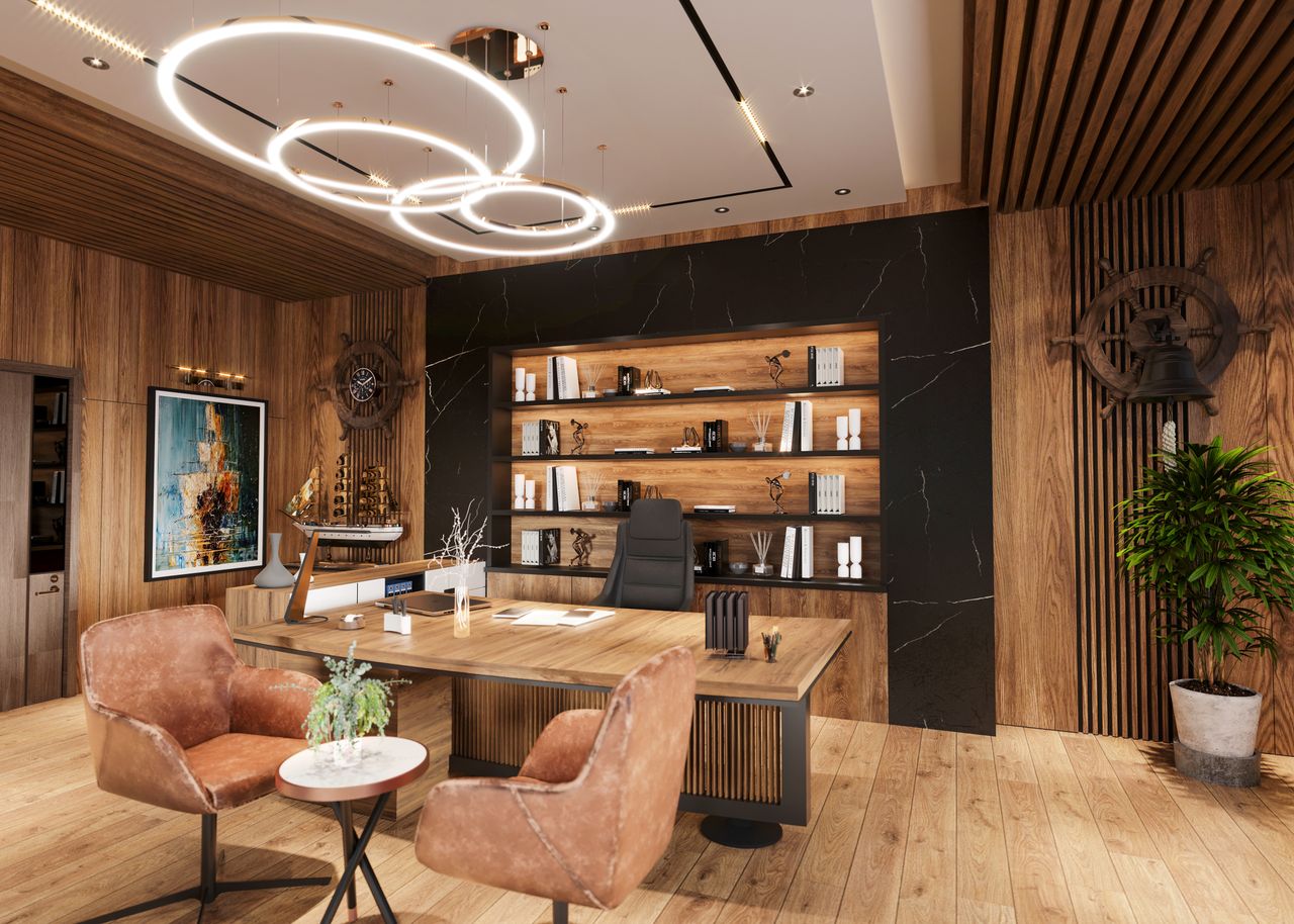 Services Stylish executive office featuring wooden decor, modern furniture, and artistic lighting.