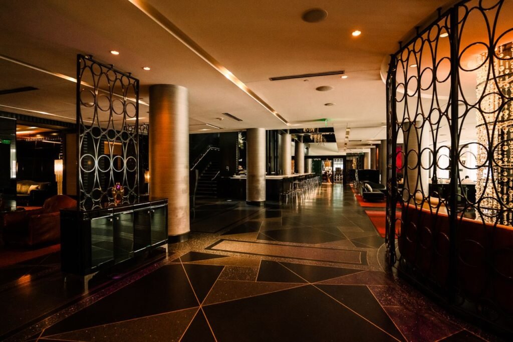 Elegant modern lobby interior with artistic design elements in a Minneapolis hotel.