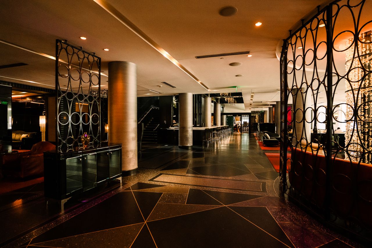 About Elegant modern lobby interior with artistic design elements in a Minneapolis hotel.